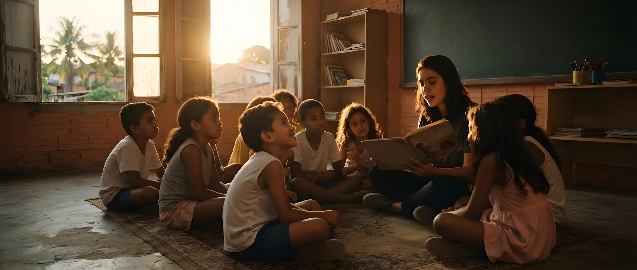 Crianças ouvindo uma educadora ler um livro em sala comunitária